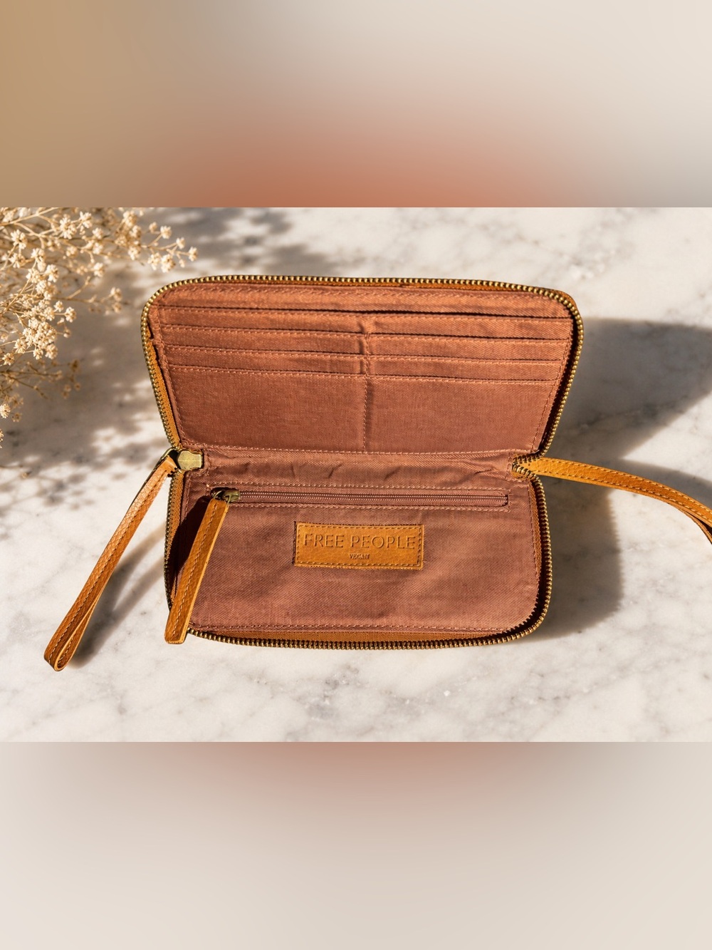 Free People Vegan Leather Zip Around Wristlet Wallet Tan Cognac Boho